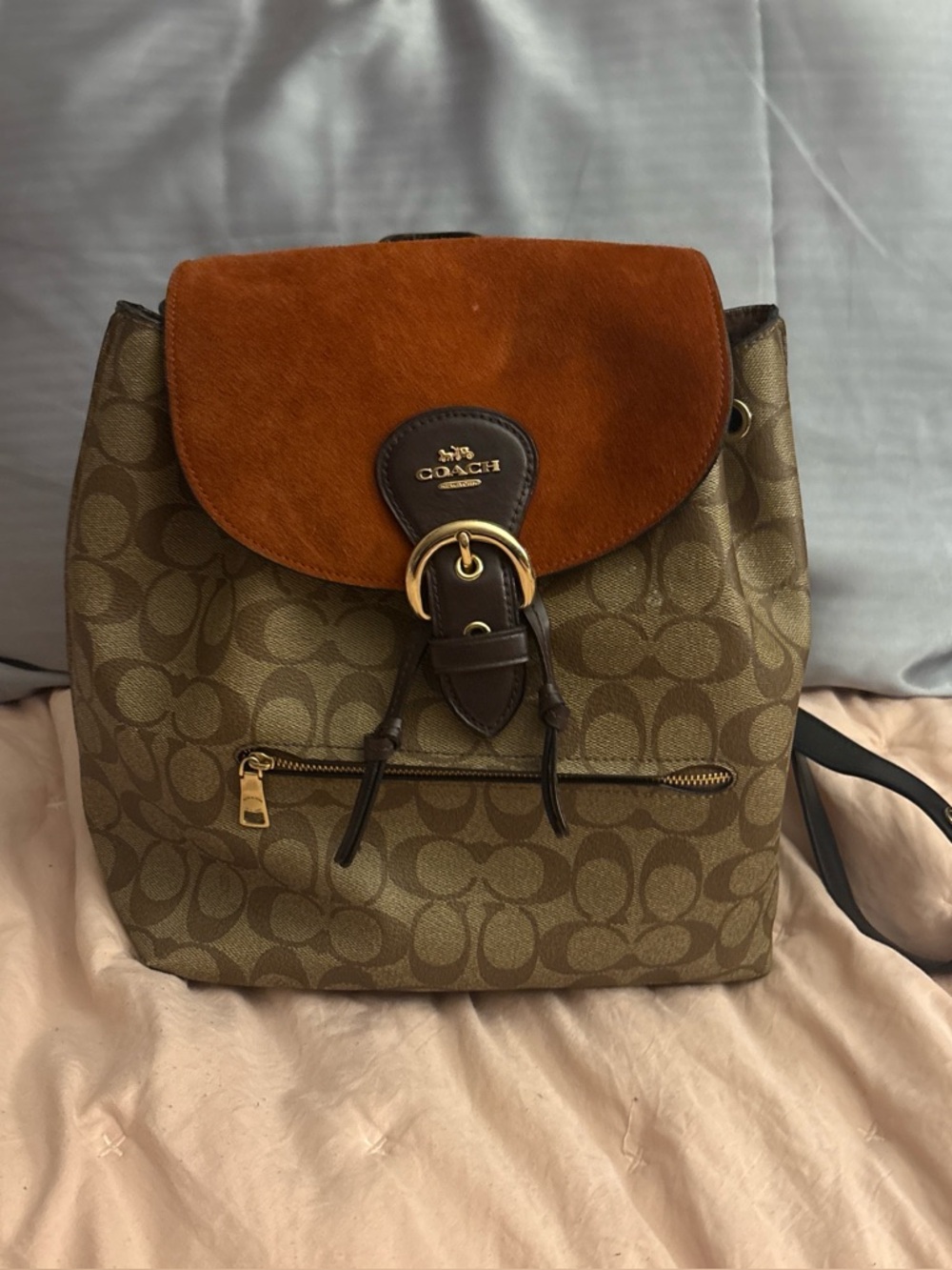 Coach Logo Canvas Backpack with Chestnut Suede Flap